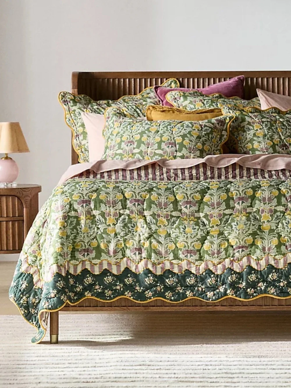 Anthropologie Lluka Green Floral Quilted Coverlet with Pink and Mustard Accents